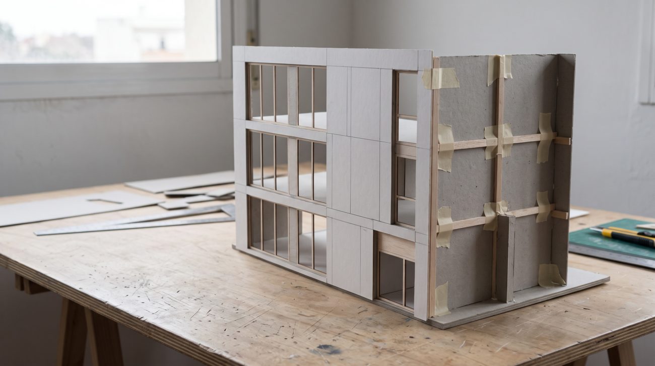 Maqueta de una fachada sobre una mesa de taller, con los soportes y la estructura posterior a la vista.