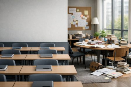 Aula dividida en dos espacios: uno ordenado y estandarizado con pupitres alineados, y otro más abierto y flexible que sugiere aprendizaje autónomo y exploración.