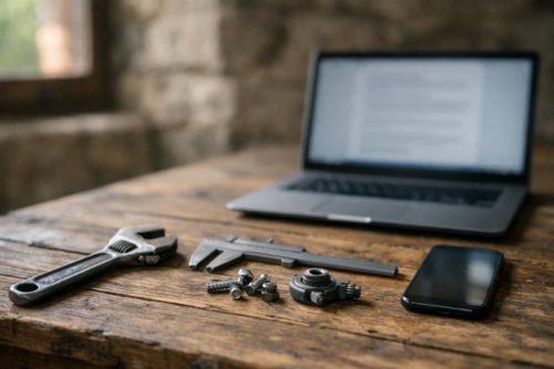 Herramientas de taller en mesa de masía junto a un portátil desenfocado, metáfora de oficio y agencia