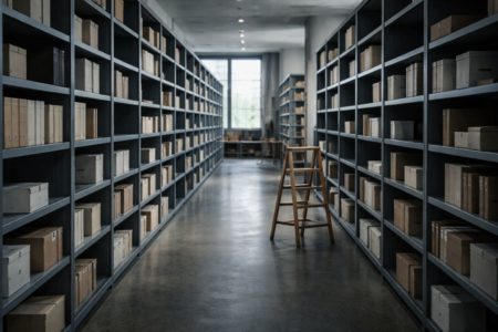 Biblioteca contemporánea con largas estanterías parcialmente vacías, símbolo visual de declive demográfico, pérdida de masa crítica y fragilidad del progreso colectivo.