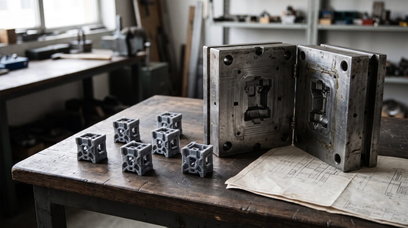 Molde metálico abierto junto a varias piezas idénticas sobre una mesa de taller.