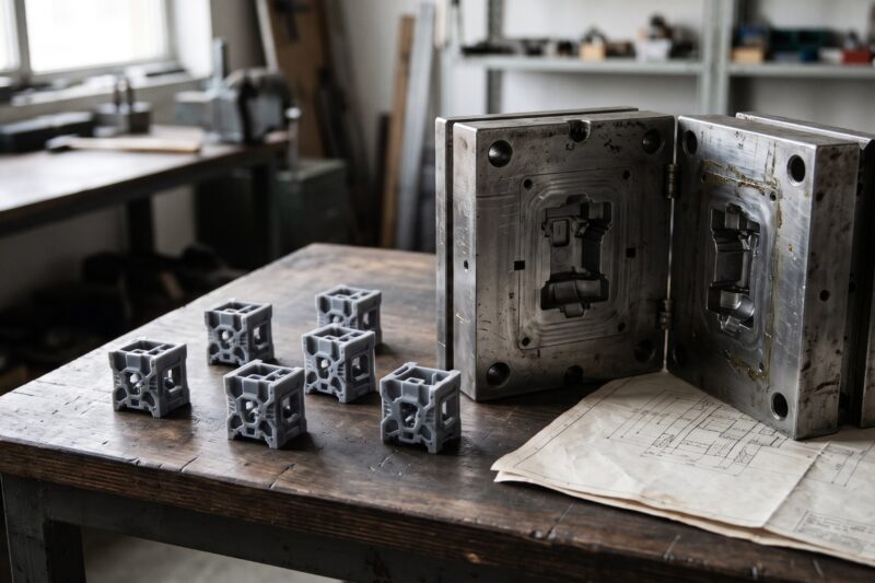 Molde metálico abierto junto a varias piezas idénticas sobre una mesa de taller.