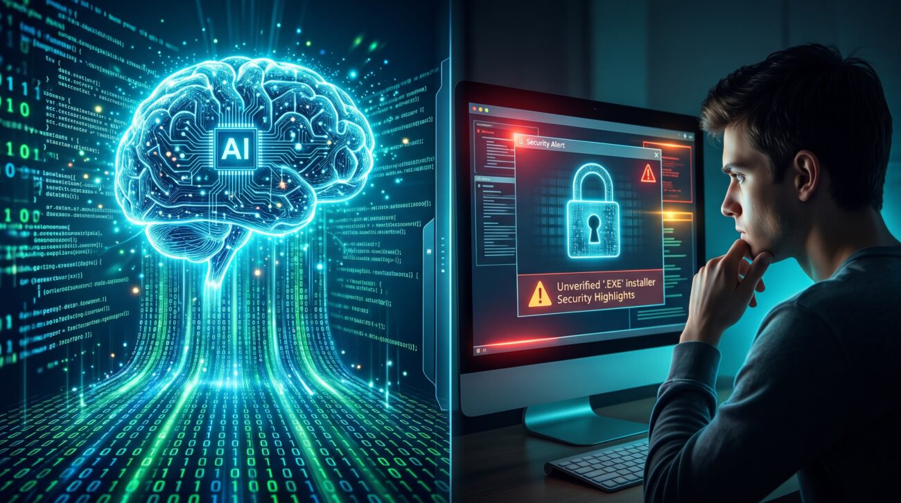Ilustración digital dividida en dos: a la izquierda, un cerebro tecnológico que representa a la Inteligencia Artificial generando código rápidamente; a la derecha, un usuario frente a un ordenador mirando con duda y escepticismo una pantalla que muestra una alerta de seguridad por un archivo ejecutable (.EXE).