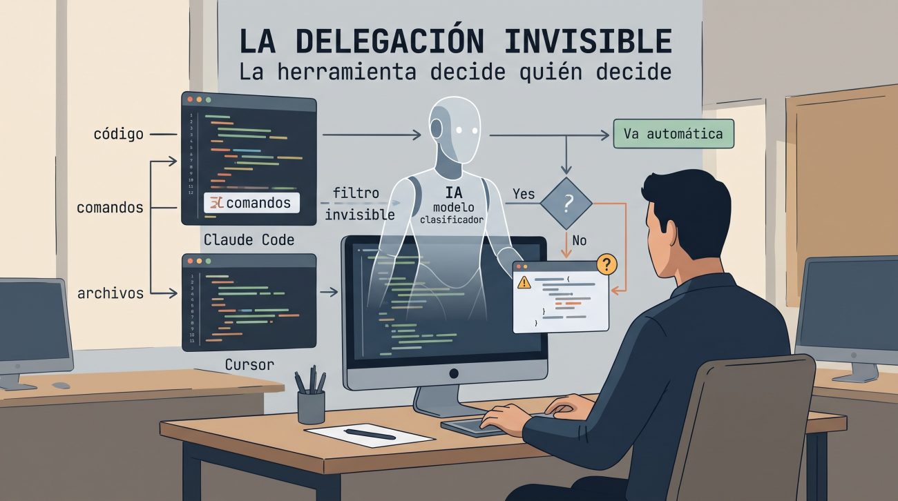 Ilustración conceptual de un programador trabajando en su ordenador de espaldas, mientras un robot translúcido que representa a la IA actúa como un filtro invisible, tomando decisiones y desviando tareas sin consultarle en Claude Code y Cursor.