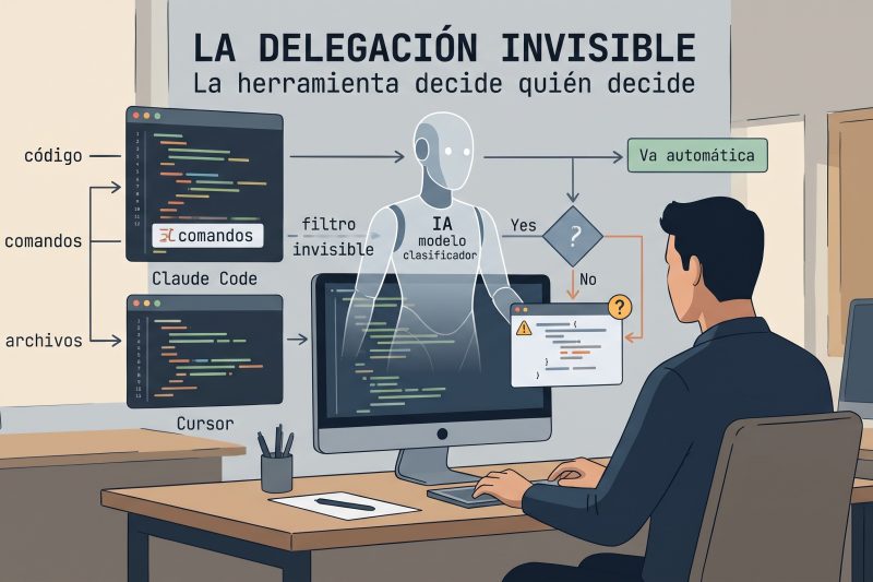 Ilustración conceptual de un programador trabajando en su ordenador de espaldas, mientras un robot translúcido que representa a la IA actúa como un filtro invisible, tomando decisiones y desviando tareas sin consultarle en Claude Code y Cursor.