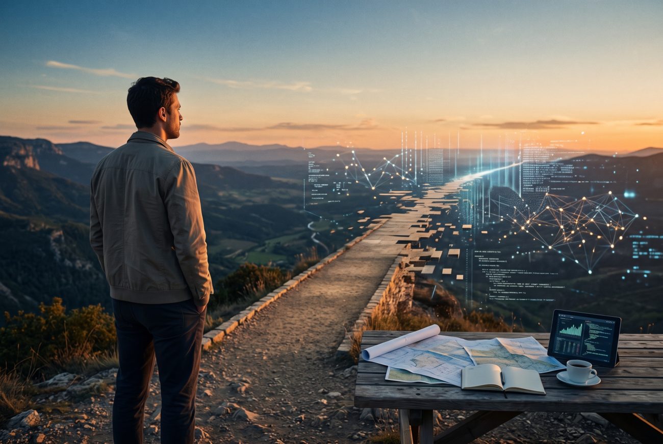 Persona de espaldas contemplando un sendero que se transforma en flujos de datos y nodos digitales sobre un paisaje al atardecer