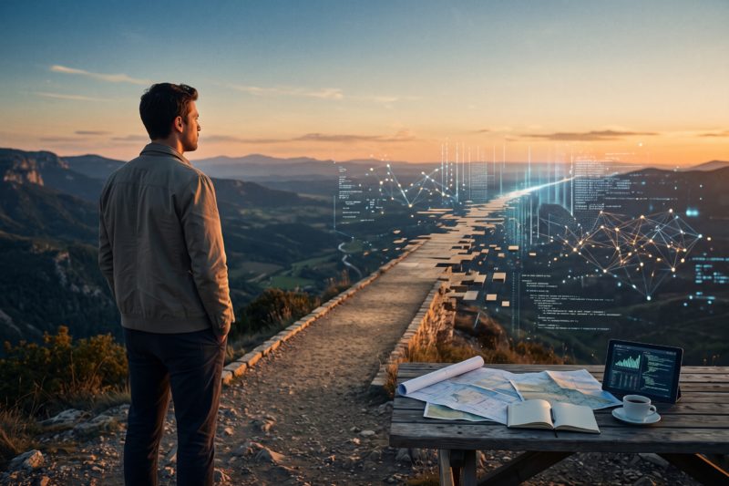 Persona de espaldas contemplando un sendero que se transforma en flujos de datos y nodos digitales sobre un paisaje al atardecer