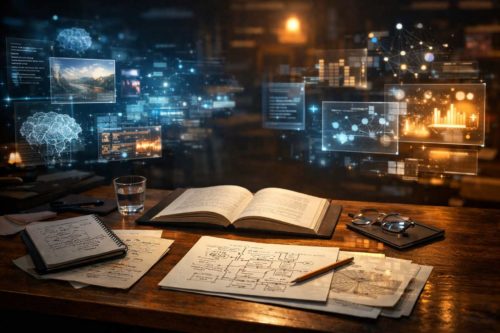 Mesa de trabajo con libro abierto, notas y esquemas, rodeada de elementos digitales que representan la inteligencia artificial y la abundancia de información