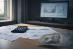 Escritorio moderno con documentos financieros, una calculadora y un billete desenfocado, ilustrando el impacto de la inflación y el análisis económico.