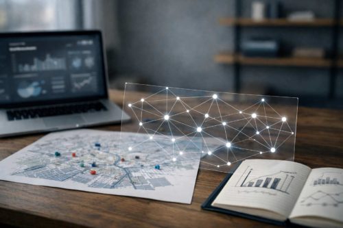 Mesa de trabajo con dashboard desenfocado, mapa y una red transparente que simboliza la mirada de las plataformas.