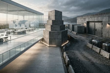 Escena arquitectónica contemporánea que contrapone un espacio abierto y transparente con otro más robusto y protegido, simbolizando el paso de los ODS a la defensa y la resiliencia inteligente.