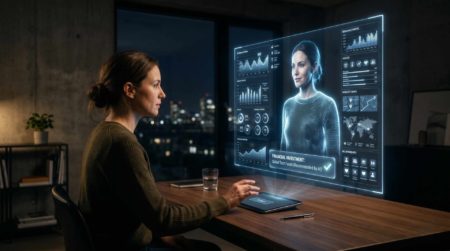 Una persona observa en una pantalla una versión digital de sí misma, mientras una inteligencia artificial anticipa sus decisiones.