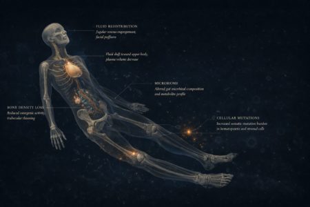 Ilustración científica de una figura humana translúcida flotando en microgravedad, con esqueleto, sistema cardiovascular y microbioma visibles, sobre fondo espacial oscuro.