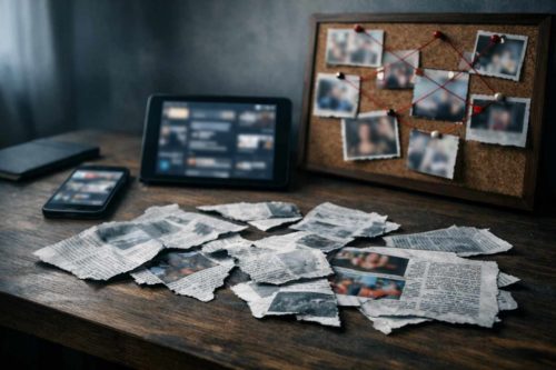 Mesa con periódico rasgado, pantallas desenfocadas y tablero con hilos que sugiere fragmentación y búsqueda de sentido.