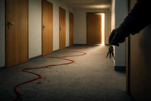 Pasillo con puertas y un hilo rojo como metáfora de correcciones en acciones tecnológicas