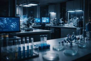 Laboratorio biomédico de alta tecnología con pantallas, instrumental y ambiente de investigación avanzada
