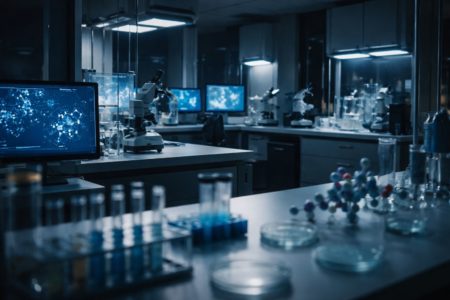 Laboratorio biomédico de alta tecnología con pantallas, instrumental y ambiente de investigación avanzada