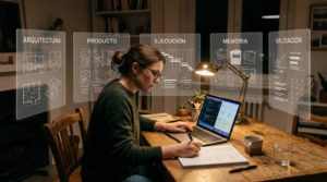 Persona trabajando sola de noche con múltiples pantallas, representando un sistema operativo personal con roles diferenciados