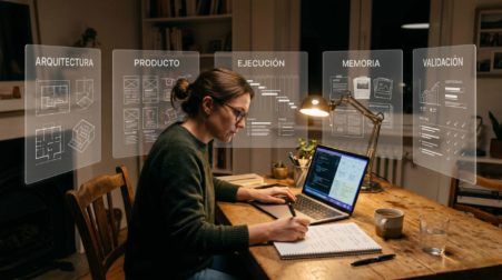 Persona trabajando sola de noche con múltiples pantallas, representando un sistema operativo personal con roles diferenciados