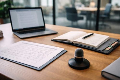 Mesa de seminario con rúbrica, portátil desenfocado, cuaderno, portafolio y micrófono; oficina borrosa al fondo tras un vidrio. • Título: Enseñar en 2026 con IA: evaluación e integridad