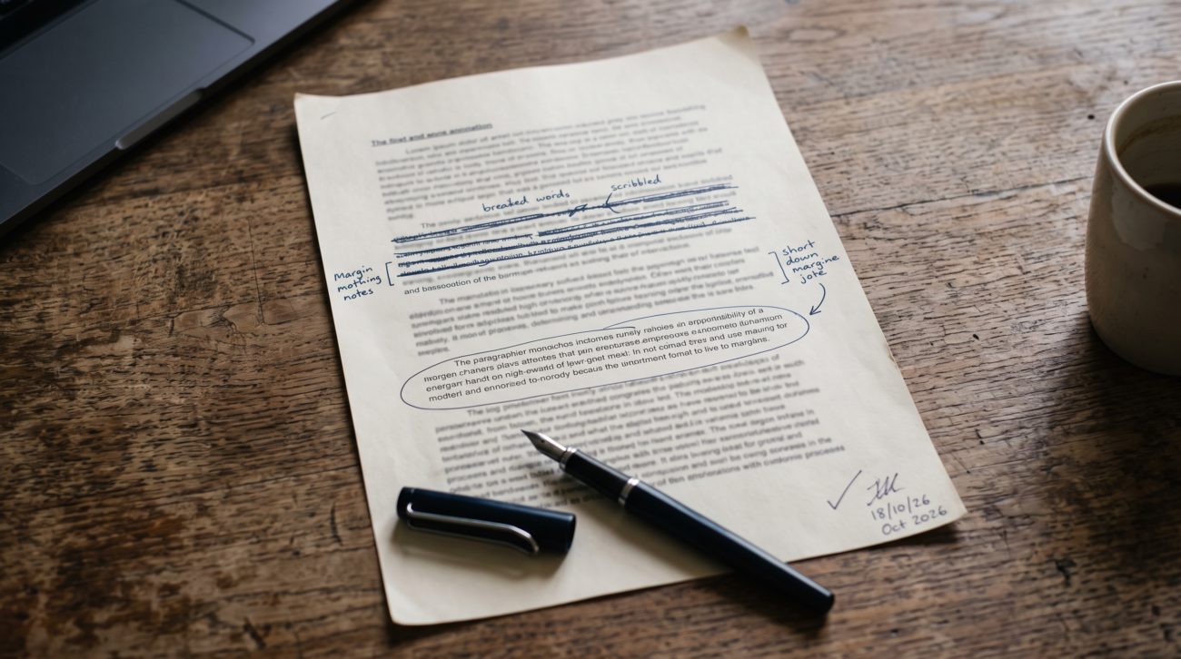 Página impresa con correcciones manuscritas en tinta azul y una pluma estilográfica sobre un escritorio de madera.