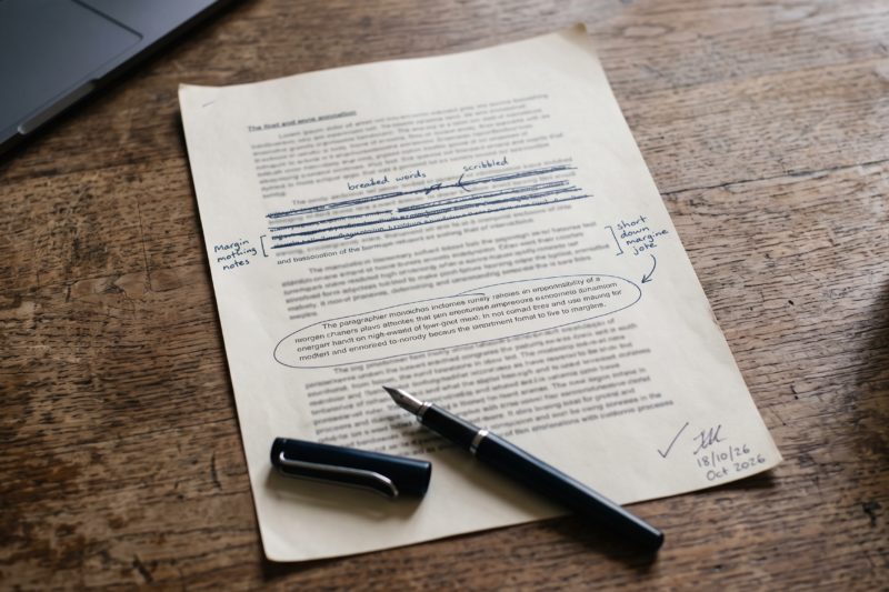 Página impresa con correcciones manuscritas en tinta azul y una pluma estilográfica sobre un escritorio de madera.