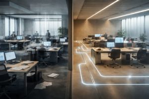 Espacio de oficina dividido en dos mitades: a la izquierda, mesas dispersas y desorden; a la derecha, estaciones conectadas y coordinadas, como metáfora visual de la ventaja de coordinar mejor con IA.