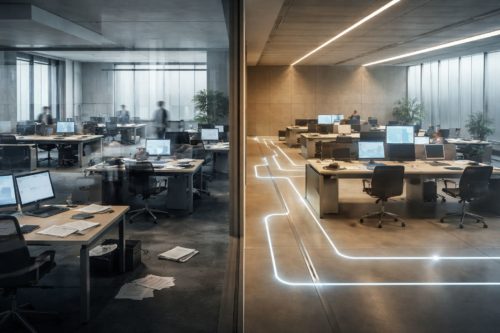 Espacio de oficina dividido en dos mitades: a la izquierda, mesas dispersas y desorden; a la derecha, estaciones conectadas y coordinadas, como metáfora visual de la ventaja de coordinar mejor con IA.