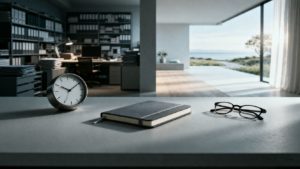 Interior contemporáneo con reloj, libreta y gafas en primer plano; al fondo, una transición entre una zona de trabajo densa y otra abierta y luminosa que simboliza tiempo, margen y libertad.