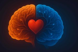 Cerebro humano dividido en cálidos y fríos con un corazón latente en el centro.