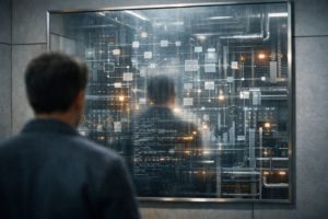 Figura de espaldas ante un gran espejo que refleja flujos de datos, diagramas y estructura tecnológica en un espacio sobrio.