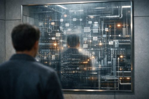 Figura de espaldas ante un gran espejo que refleja flujos de datos, diagramas y estructura tecnológica en un espacio sobrio.