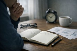 Escritorio junto a una ventana con un cuaderno abierto, papeles desenfocados y una mano en pausa, en una escena que transmite duda y reflexión.