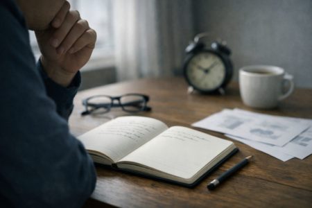 Escritorio junto a una ventana con un cuaderno abierto, papeles desenfocados y una mano en pausa, en una escena que transmite duda y reflexión.