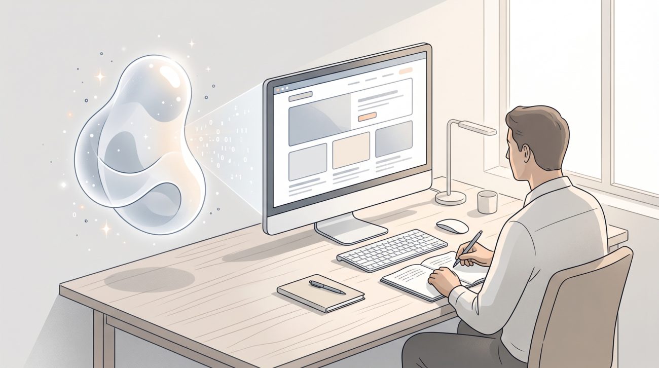 Ilustración editorial de una persona en un escritorio tomando notas mientras supervisa una pantalla modificada por un agente digital abstracto luminoso.