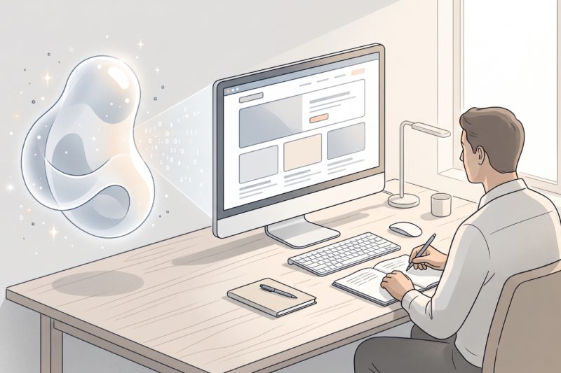 Ilustración editorial de una persona en un escritorio tomando notas mientras supervisa una pantalla modificada por un agente digital abstracto luminoso.