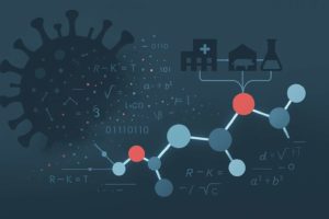Una representació conceptual de com la intel·ligència artificial transforma dades sobre virus i brots infecciosos en noves molècules candidates a fàrmac, connectant hospitals, laboratoris i ramaderia.
