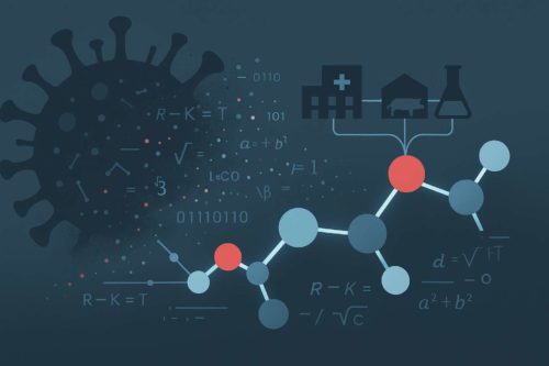 Una representació conceptual de com la intel·ligència artificial transforma dades sobre virus i brots infecciosos en noves molècules candidates a fàrmac, connectant hospitals, laboratoris i ramaderia.