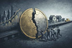 Ilustración de una moneda grande agrietada que separa una ciudad financiera en auge de personas que intentan alcanzar casas y activos que se alejan en una cinta transportadora.