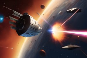 war in space, in low orbit, with a ship firing lasers at a satellite